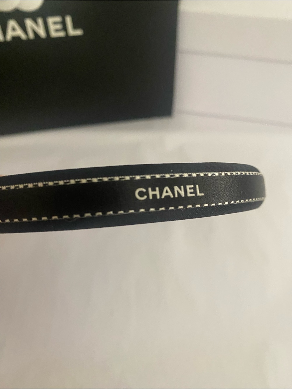Slim CHANEL Ribbon Black Logo Stitched Headband - Picture 5 of 5